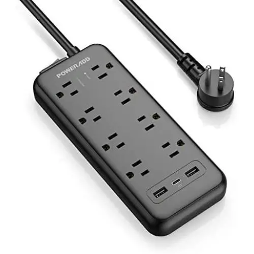 Power Strip, POWERADD Surge Protector USB C Power Delivery 18W, 8 AC Outlets 3 USB Ports 1875W 1700J, Flat Plug, 6ft Extension Cord, Wall Mountable for Home, Office, Computer TV-Black Power Strip, POWERADD Surge Protector USB C Power Delivery 18W, 8 AC Outlets 3 USB Ports 1875W 1700J, Flat Plug, 6ft Extension Cord, Wall Mountable for Home, Office, Computer TV-Black