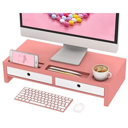 Monitor Stand Riser Desk Organizer - with Drawers Keyboard Storage Pink 22x10.6x4.7 inch
