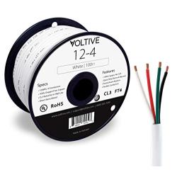 Voltive 12/4 Speaker Wire - 12 AWG/Gauge 4 Conductor - UL Listed in Wall (CL2/CL3) and Outdoor/In Ground (Direct Burial) Rated - Oxygen-Free Copper (OFC) - 100 Foot Spool - White