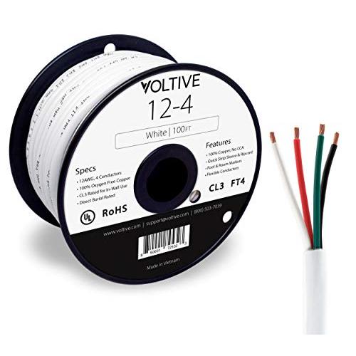 Voltive 12/4 Speaker Wire - 12 AWG/Gauge 4 Conductor - UL Listed in Wall (CL2/CL3) and Outdoor/In Ground (Direct Burial) Rated - Oxygen-Free Copper (OFC) - 100 Foot Spool - White