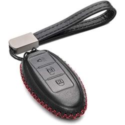Vitodeco Leather Smart Key Fob Case Cover for 2020 Nissan Versa, Sentra, Altima, Maxima, Rogue, 2020 Infiniti Q50, Q60, QX50, QX60, QX80 and More Models (3 Buttons, Black/Red)