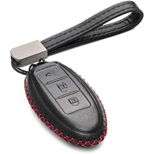 Vitodeco Leather Smart Key Fob Case Cover for 2020 Nissan Versa, Sentra, Altima, Maxima, Rogue, 2020 Infiniti Q50, Q60, QX50, QX60, QX80 and More Models (3 Buttons, Black/Red)