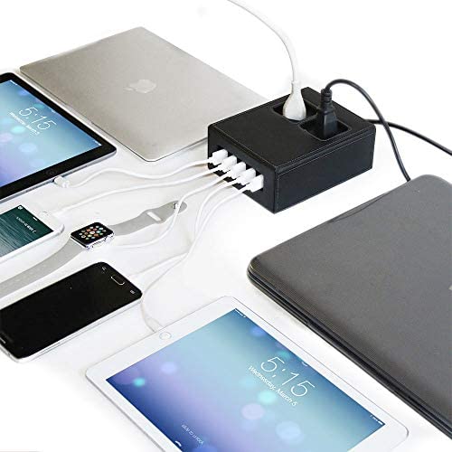 Power Hub 5 USB + 2 AC Charging Station | Built in Surge Protection | Attractive Dependable Table Side Charging Hub | Black | Set of 4 Short Cords (Lightning)