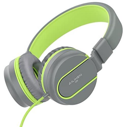 AILIHEN I35 Kid Headphones with Microphone Volume Limited 85dB Children Girls Boys Teen Lightweight Foldable Wired Headset for School Online Course Chromebook Cellphones Tablets (Grey/Green)