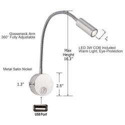 ZazenTech DC 12V Reading Lights, RV Interior Lights with USB Charging Port, 3W Warm White Flexible Gooseneck Lamp for Car, Van, Boat and Motorhome (Aluminum)