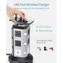 SUPERDANNY Surge Protector Tower with 10W Wireless Charger, Spin Power Strip Tower 13A Vertical Charging Station with 10 AC Outlets+4 USB Slots and 6.5ft Extension Cord for Home Office Garage, Grey