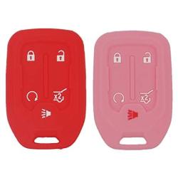 LemSa 2Pcs Rubber 5 Buttons Key Fob Cover Case Remote Keyless Protector Bag Holder Compatible with GMC Acadia Terrain Yukon Chevrolet Suburban Tahoe, Red Pink