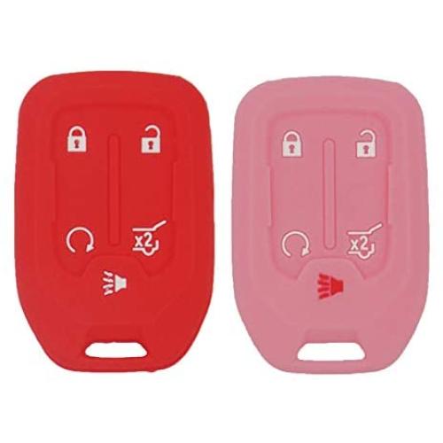 LemSa 2Pcs Rubber 5 Buttons Key Fob Cover Case Remote Keyless Protector Bag Holder Compatible with GMC Acadia Terrain Yukon Chevrolet Suburban Tahoe, Red Pink