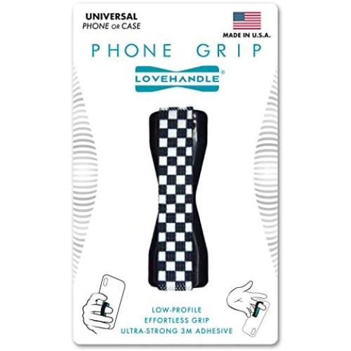LoveHandle Universal Phone Grip for Most Smartphones, Mini Tablets and Cases, Black Checkered Design Elastic Strap with Black Base, lh-01-blackcheckered