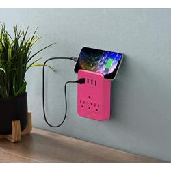 Aduro Surge Protector 3 Outlets Power Strip Station with USB (4 Ports 4.8A) Wall Mount Multiple Outlet Splitter Extender Adapter with Phone Shelf Stand ETL Listed, Pink