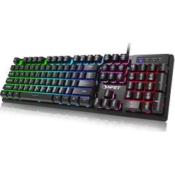 NPET K10 Gaming Keyboard USB Wired Floating Keyboard, Quiet Ergonomic Water-Resistant Mechanical Feeling Keyboard, Ultra-Slim Rainbow LED Backlit Keyboard for Desktop, Computer, PC