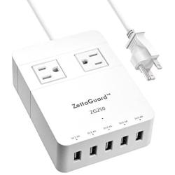 Zettaguard Mini 2-Outlet Travel Power Strip Surge Protector with 5 USB Charger USB Charging Station Hub (Smart USB Port, 40W/8A) and 5 Feet Power Cord, White(Zg250)