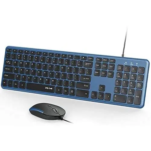 Wired Keyboard and Mouse, Jelly Comb Ultra Thin Full Size USB Wire Corded Keyboard Mouse Combo Set with Number Pad for Computer, Laptop, PC, Desktop, Notebook, Windows 7, 8, 10 -Sapphire Blue