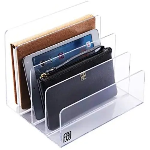 Acrylic File Organizer, Clear Folder Sorter, Desk, Office, Letter, Notebook, Electronics, Purse, Palette, Book, Holder, 4 Sections, Lucite, 9-Inch Wide x 7-Inch Deep x 7-Inch High.