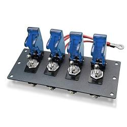 MGI SpeedWare Black 4 Toggle Switch Panel, Powder Coat Steel, Safety Flip Covers (Blue)
