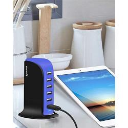Aduro 40W 6-Port USB Desktop Charging Station Hub Wall Charger for iPhone iPad Tablets Smartphones with Smart Flow (Black/Blue)