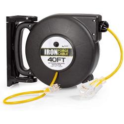 40 Ft Retractable Extension Cord Reel - 2 in 1 Mountable & Portable Power Cord Reel with 3 Electrical Outlets - 12/3 SJTW Heavy Duty Yellow Cable - Perfect for Hanging from Your Garage Ceiling