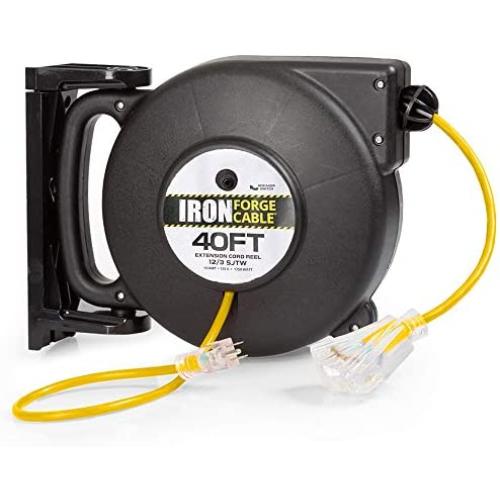 40 Ft Retractable Extension Cord Reel - 2 in 1 Mountable & Portable Power Cord Reel with 3 Electrical Outlets - 12/3 SJTW Heavy Duty Yellow Cable - Perfect for Hanging from Your Garage Ceiling