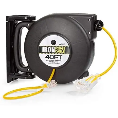 40 Ft Retractable Extension Cord Reel - 2 in 1 Mountable & Portable Power Cord Reel with 3 Electrical Outlets - 12/3 SJTW Heavy Duty Yellow Cable - Perfect for Hanging from Your Garage Ceiling