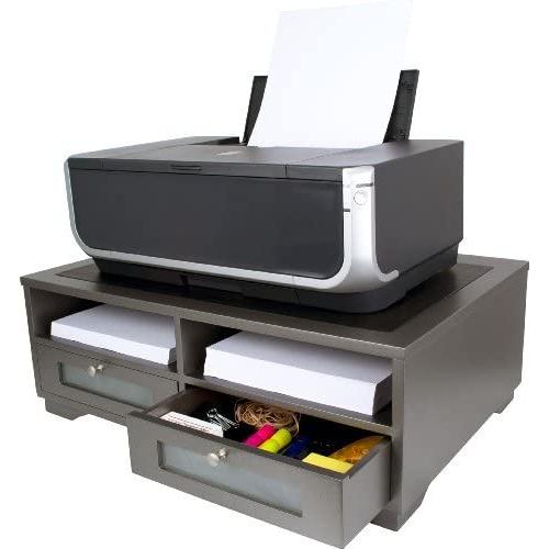 Victor Midnight Black Collection S1130 Wood Printer Stand with Two Drawers and Two Storage Slots, No Assembly Required, Classic Silver