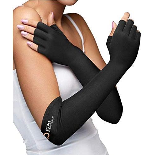 Copper Compression Long Arthritis Gloves - Guaranteed Highest Copper Content. Best Copper Infused Extra Long Fit Glove for Women + Men Carpal Tunnel Computer Typing Support Hands Wrist 1 Pair (Large)