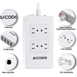 Surge Protector Power Strip with USB,4 Spaced Outlets Extension Board &4 Ports USB Charger(2.4Ax4), 6 ft Long Extension Cord, 1700J, 2500W, 100-240V, White for Home/Office/School by AICODE