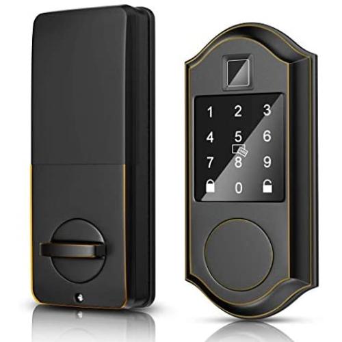 Narpult Smart Door Lock, Fingerprint Electronic Deadbolt Door Lock, Keyless Entry Door Lock Featuring Auto-Locking, Smart Door Lock, Compatible with Alexa, Google Assistant - Bronze