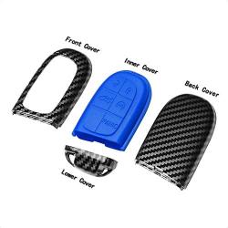 TANGSEN Smart Key Fob Case for DODGE RAM JEEP CHEROKEE 3 4 5 Button Keyless Entry Remote Personalized Protective Cover Plastic Carbon Fiber Pattern Blue Silicone