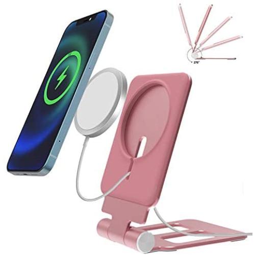 Maoyea Stand for MagSafe Charger, 270°Foldable Wireless Magnetic Aluminum Holder Compatible with Apple MagSafe Charger for iPhone 12, 12 Pro, 12 Pro Max, 12 Mini (Pink)
