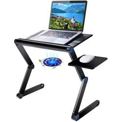 Upgraded Aluminum Laptop Stand Adjustable with Cooling Fan and Mouse Pad, Reinforced Ergonomic Lap Desk Foldable Portable Computer Table for Bed Sofa Couch Office (Extra Wide Tray: 19'', Black)