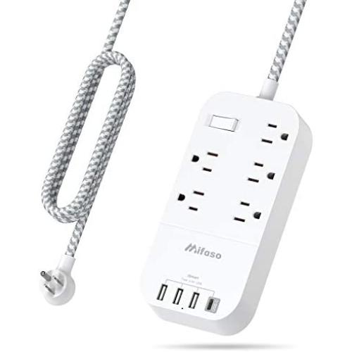 USB C Power Strip, Flat Plug with 5 Outlets 4 USB(4.5A), 5Ft Long Extension Cord with USB, Wall Mount Overload Protection Power Outlet Strip, Desktop Charging Station for Home, Office, Dorm Essentials
