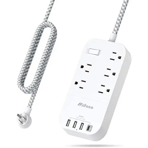 USB C Power Strip, Flat Plug with 5 Outlets 4 USB(4.5A), 5Ft Long Extension Cord with USB, Wall Mount Overload Protection Power Outlet Strip, Desktop Charging Station for Home, Office, Dorm Essentials