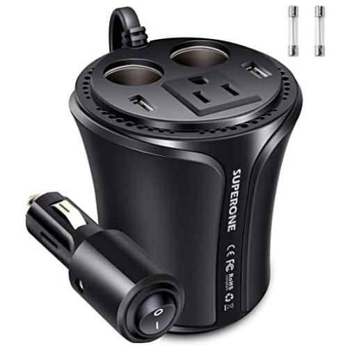 SUPERONE 150W Car Power Inverter DC 12V to 110V AC Car Converter, Dual USB Car Charger and 2 Socket Adapter