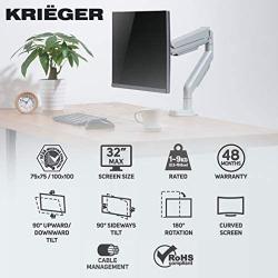 Krieger Single Monitor Mount, Premium Gas Spring Aluminum Arm, LCD LED Computer Desk Stand Holds Screens Size 17 to 32 in and 19.8 lbs, Detachable VESA Compatible Plate, Full Motion Articulating Arm