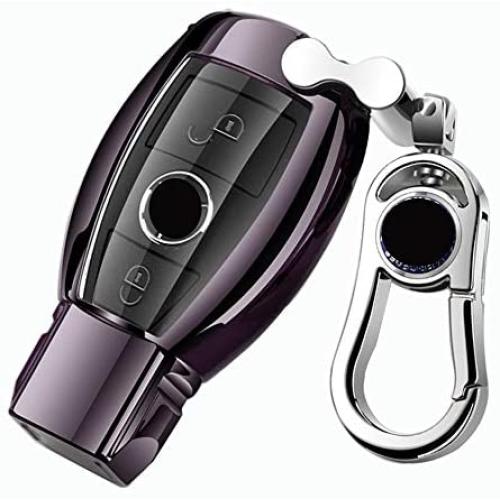 K LAKEY Car Key Fob Cover,Fit for Mercedes Benz C E S M CLS CLK G Class Key Fob,Smart Car Key Soft TPU Case Protector Key Fob with Alloy Keychain Silver (Black, A)