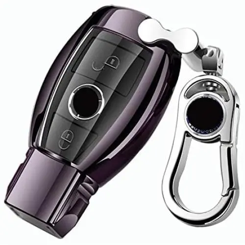 K LAKEY Car Key Fob Cover,Fit for Mercedes Benz C E S M CLS CLK G Class Key Fob,Smart Car Key Soft TPU Case Protector Key Fob with Alloy Keychain Silver (Black, A)