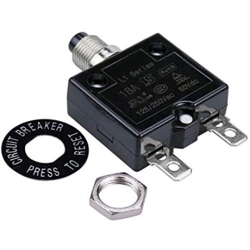 RKURCK 125-250V AC 50V DC Push Button Circuit Breaker 18 Amp Thermal Overload Protector L1 Series Manual Reset Thermal Circuit Breaker (18A)
