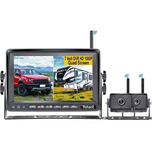 Rohent FHD 1080P Dual Digital Wireless Rear View Camera with 7 Inch DVR Monitor Support Full/Split Screen for Trucks,Trailers,RV High-Speed Observation Backup Camera System IP69K Waterproof R8