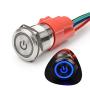 STARELO 19MM 3/4'' Latching Push Button Switch 5A 12V 1NO1NC SPDT ON/Off Waterproof Stainless Steel Shell with Power Symbol Ring LED with Wire Socket Plug(Blue)
