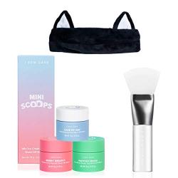 I DEW CARE Mini Scoops Wash Off Face Mask Skin Care Trio + Black Cat Spa and Makeup Headband + Soft Silicone Face Mask Brush Bundle