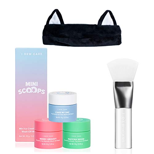 I DEW CARE Mini Scoops Wash Off Face Mask Skin Care Trio + Black Cat Spa and Makeup Headband + Soft Silicone Face Mask Brush Bundle
