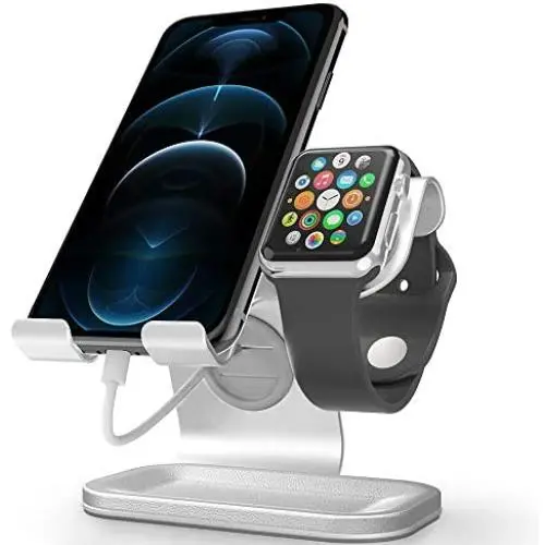 Apple Watch Stand, ZVEdeng Cellphone and Apple Watch Stand, Apple Watch Charging Station, Universal Stand Holder for iPhone 12 Pro Max/12/12 Pro/12 Mini, Apple Watch Both 38mm-42mm (Silver-Leather)