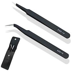 ESD Anti Static Precision Electronics Tweezers Tools Kit, Non Magnetic Multi-Standard Stainless Steel Tweezer Set for Electronics Jewelry-Making Repairing and Cell Phone Repair,2pack (ESD-14&15)