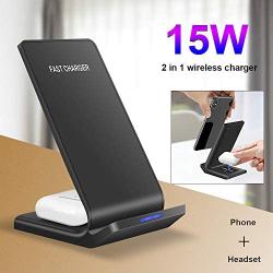 2 in 1 Wireless Charger,FDGAO 15W Fast Qi Wireless Charger Stand Compatible with iPhone 11/12/XR/XS/X/8/Airpods;Upright Wireless Charging Dock for Samsung Galaxy S20/S10/Note 20/Samsung Galaxy Buds