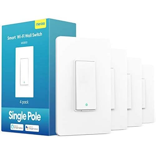 meross Smart Light Switch Compatible with Alexa, Google Assistant and SmartThings, Needs Neutral Wire, Single Pole WiFi Wall Switch, Remote Control, Schedules, No Hub Needed, 4 Pack