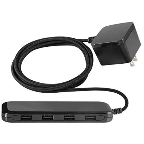 GE Ultra Pro 4 Port USB Extension Strip, 6 Ft Braided Cord, Slim Charger, Charging Station, 24W Total Power, For iPhone 12/11/Pro/Max/Xs/XR/X, iPad, Samsung Galaxy S21/S10/S9, Black, 54734, 1 Pack