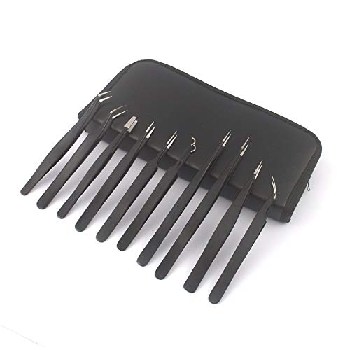 G.S 10pcs Stainless Steel Tweezer Set,Anti-Static ESD Tweezers with Non Magnetic Tips for Electronics Repair, Soldering, Crafting and Jewelry Best Quality