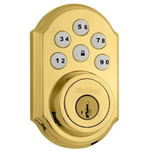 Kwikset 909 SmartCode Electronic Deadbolt featuring SmartKey in Lifetime Polished Brass