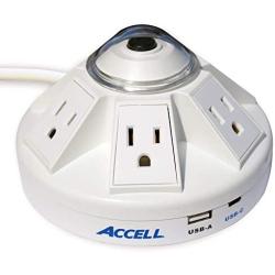 Accell D080B-032K Powramid USB-C Surge Protector - USB-C & USB-A Charging Ports (3.4A), 6 Outlets, 6-Foot Cord, 1080 Joules, UL Listed - White Grounded Extension Cord Power Strip