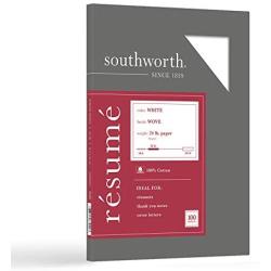 Southworth 100% Cotton Resume Paper, 8.5” x 11'', 24 lb/90 gsm, Wove Finish, White, 100 Sheets - Packaging May Vary (R14CF) (SOUR14CF)